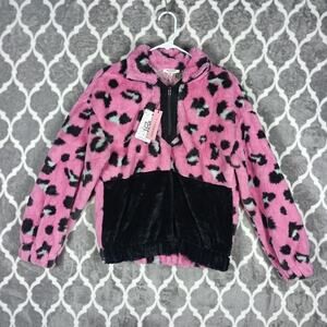 Andree By Unit Sweater Women Small Pink Leopard Plush Quarter Zip Fuzzy Pullover